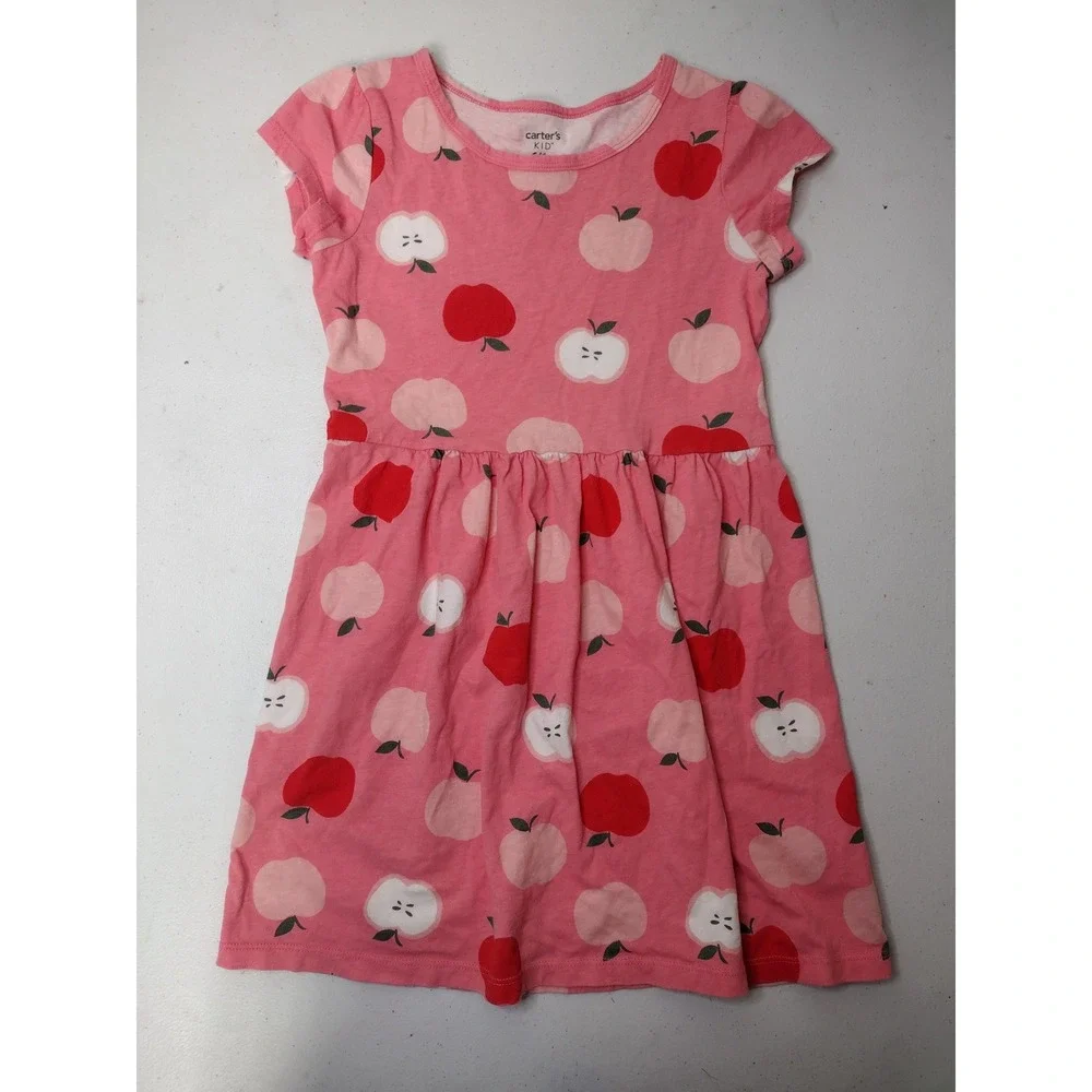Carters Kid Girls Pink Apple Print Cotton Short Sleeve Dress Size 6 6x